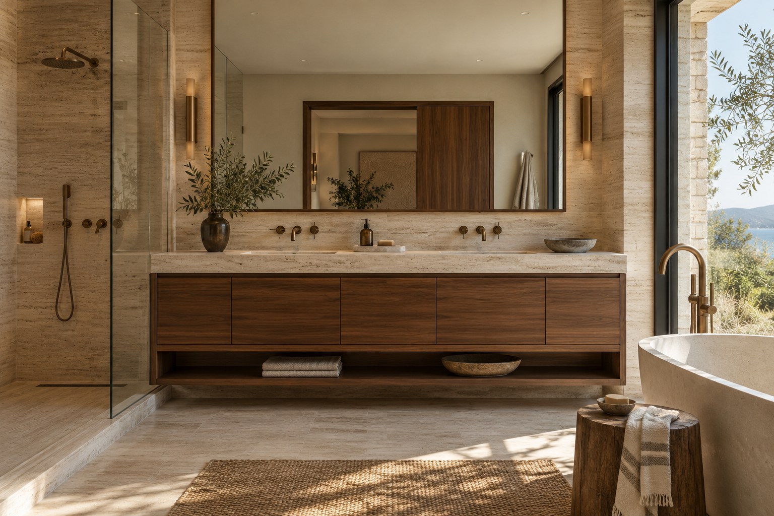 Banyo: Ceviz & taş tasarım örneği